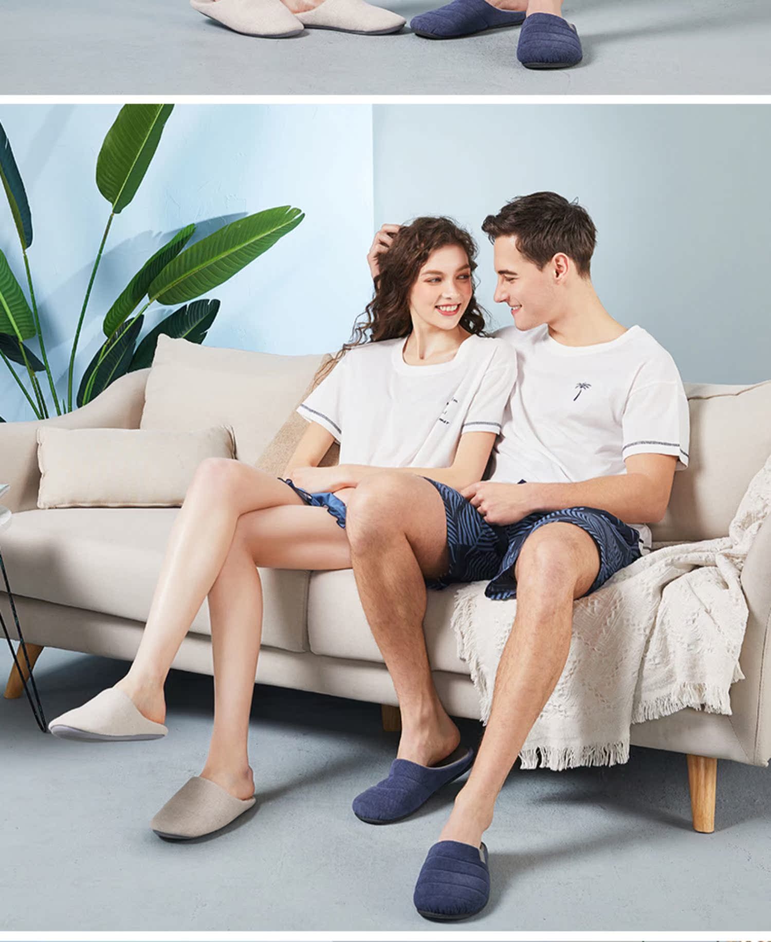 Bộ đồ ngủ cotton xoay bảy màu đôi nam nữ mùa hè mỏng phần cổ tròn phiên bản Hàn Quốc của bộ đồ phục vụ tại nhà dễ thương - Bên ngoài ăn mặc đồ pijama