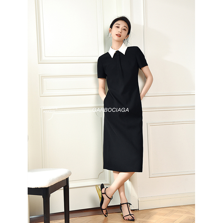 Garbociaga Long Xier Hua Ren* High-Density Acetate Color-Blocked Small Pointed Collar Elegant Dress 5111 Garbociaga Long Xier Hua Ren* High-Density Acetate Color-Blocked Small Pointed Collar Elegant Dress 5111