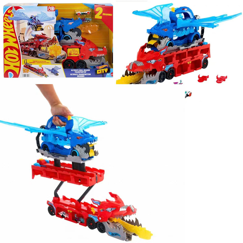 Authentic Hot Wheels Double Dragon Transport Vehicle Children's Track Alloy Car Track with Stowable Toy Cars Jbm72