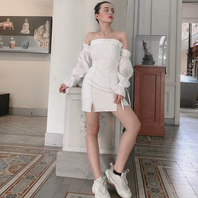 Sexy một vai ống hàng đầu nấm tai kèn tay áo khâu màu váy in túi hông giảm béo chia váy - Sản phẩm HOT