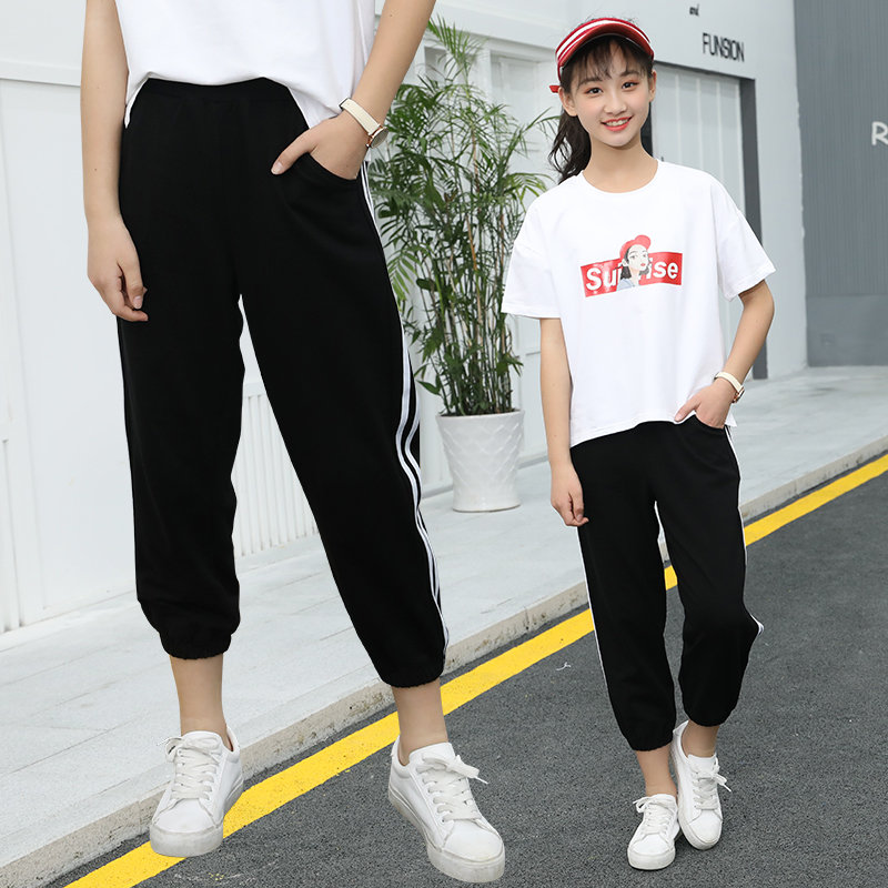 Womens lớn trẻ em quần mùa hè 2020 hàng không nước ngoài sweatpants lỏng mới mỏng 13 cô gái 12-15 tuổi bông chín quần