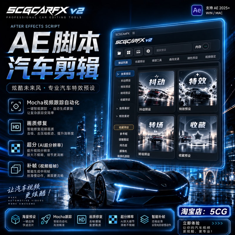 5Cgcarfx Car Editing Fast Workflow Ae Script Frame Fill Effect Color Grading Video Stabilization Plugin
