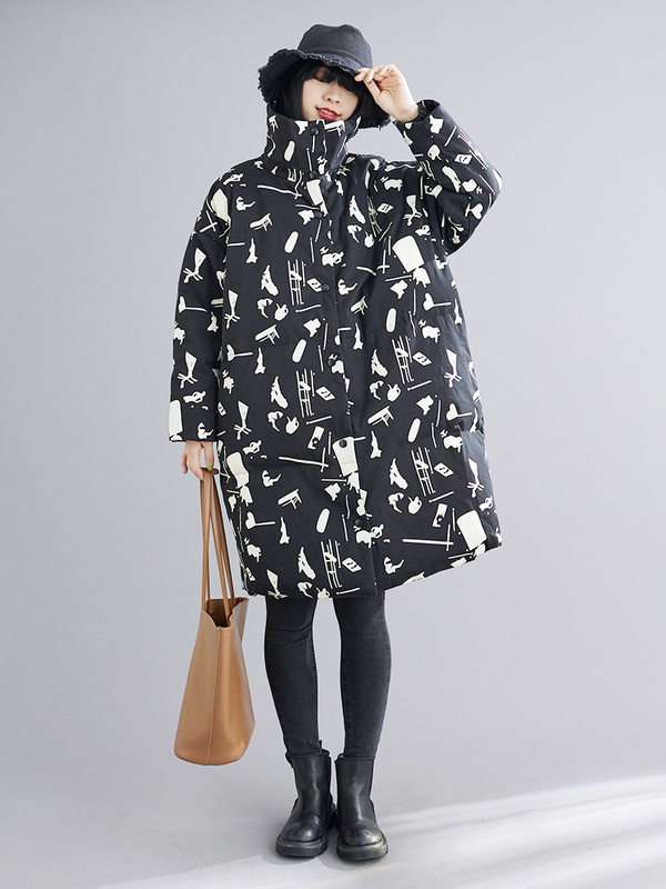 Houshan Yihé Winter down Jacket, Mid-Length Lightweight down Jacket, Designer Style Coat with Unique Print 4198