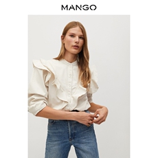 женская рубашка mango女装衬衫2020秋冬新款衬衫立领长袖休闲风格花边棉质衬衫