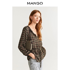 женская рубашка mango女装衬衫2019秋冬格纹花边褶皱细节v领长袖衬衫