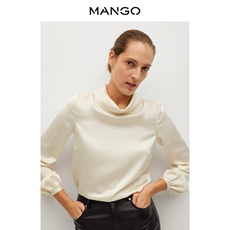 женская рубашка mango女装衬衫2021春夏新款高翻领长袖设计缎面面料衬衫