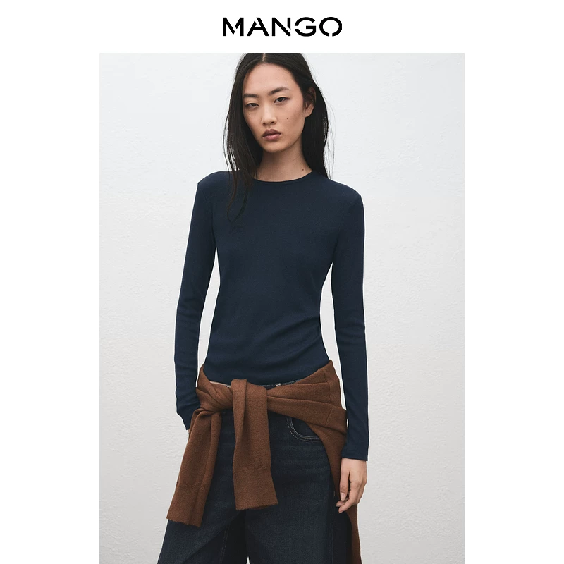 Весенний футболка Mango, удобная длинный рукав с круглым воротом, узкий силуэт
