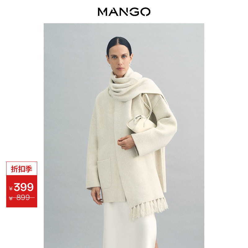 Discount Season Mango Women's Woolen Coat 2025 Winter New Style Fringed Scarf Collar Knitted Woolen Coat