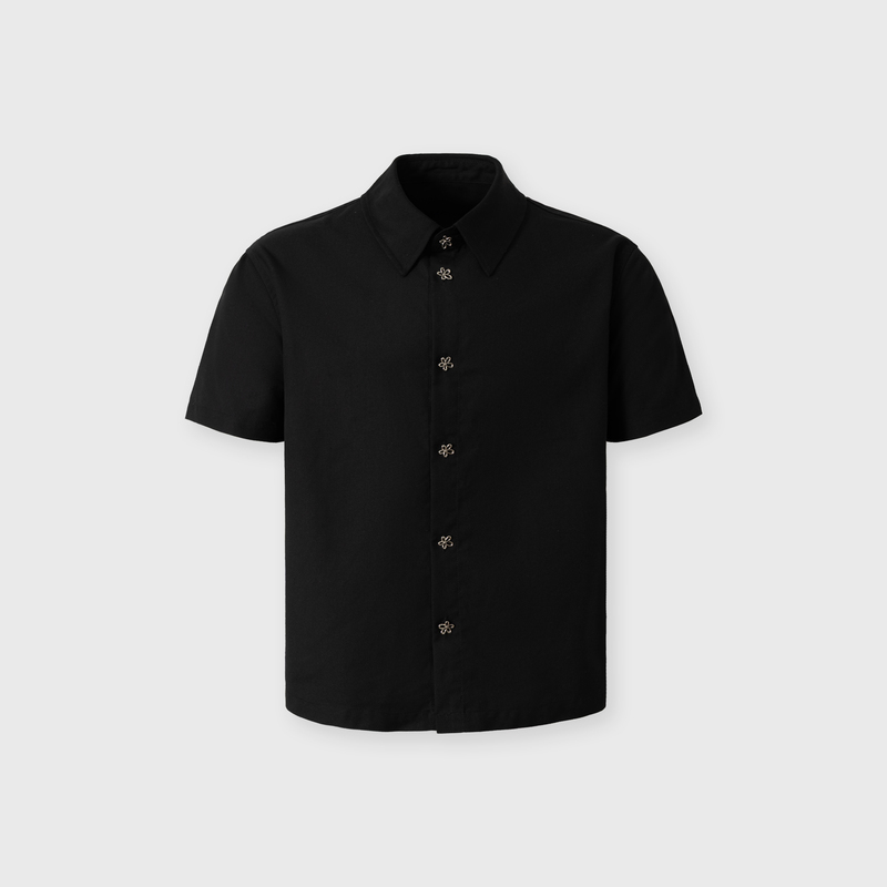 Breathy “Camellia Language” Tr Blend Pleated Back Leather Tag Floral Button Short Wide Boxy Short-Sleeve Shirt