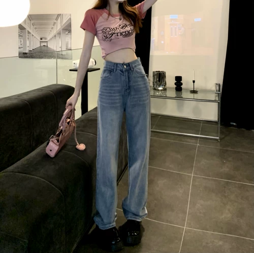 Tide, осенние прямые свободные джинсы, весенние штаны, высокая талия, оверсайз, свободный крой