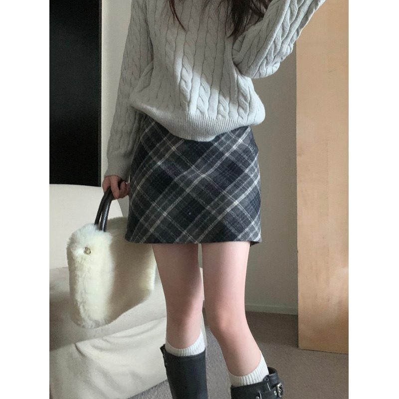 High waist plaid hair half body dress lady autumn winter 2023 new retro gge bag hip skirt short skirt A word skirt-Taobao
