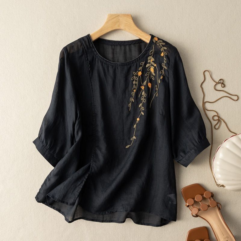 Shirt Cotton and Linen Embroidered Top for Women, New Spring and Autumn Style, Loose Fit, Slimming, Three-Quarter Sleeves, Artistic Retro New Chinese Style Blouse Shirt Cotton and Linen Embroidered Top for Women, New Spring and Autumn Style, Loose Fit, Slimming, Three-Quarter Sleeves, Artistic Retro New Chinese Style Blouse