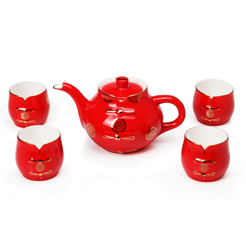 Chinese red porcelain tea set suits for ipads porcelain tang suit five ceramic teapot teacup wedding gift blessing xiang feels ashamed up