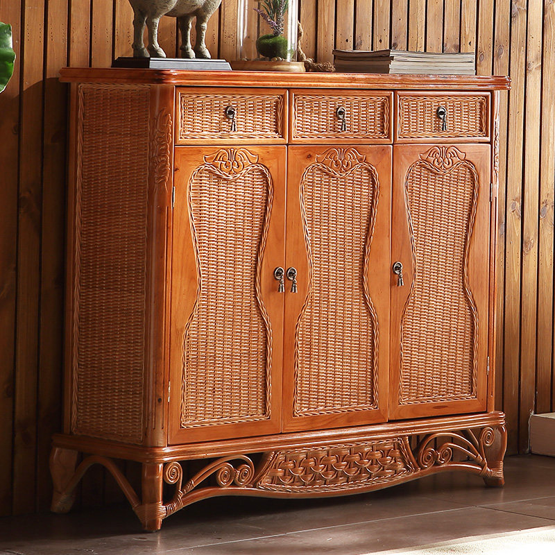 Rattan Shoes Cabinet Vine Wood Shoe Cabinet Solid Wood Shoes Cabinet Three Door Dining Cabinet Vine-Knitted Savings Cabinet Vine-Made Cabinet
