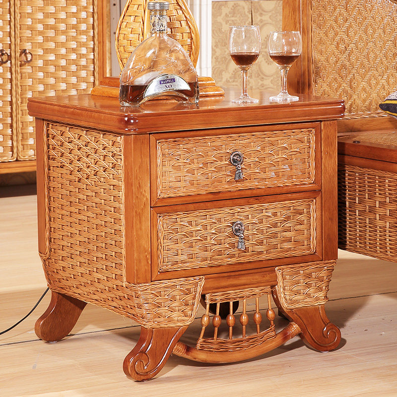 Real Rattan Furniture Truffle Bed Linen Draw Double Draw Bed Head Cabinet Multipurpose Cabinet Miscellaneous Cupboard Short Cabinet Double Draw Cabinet
