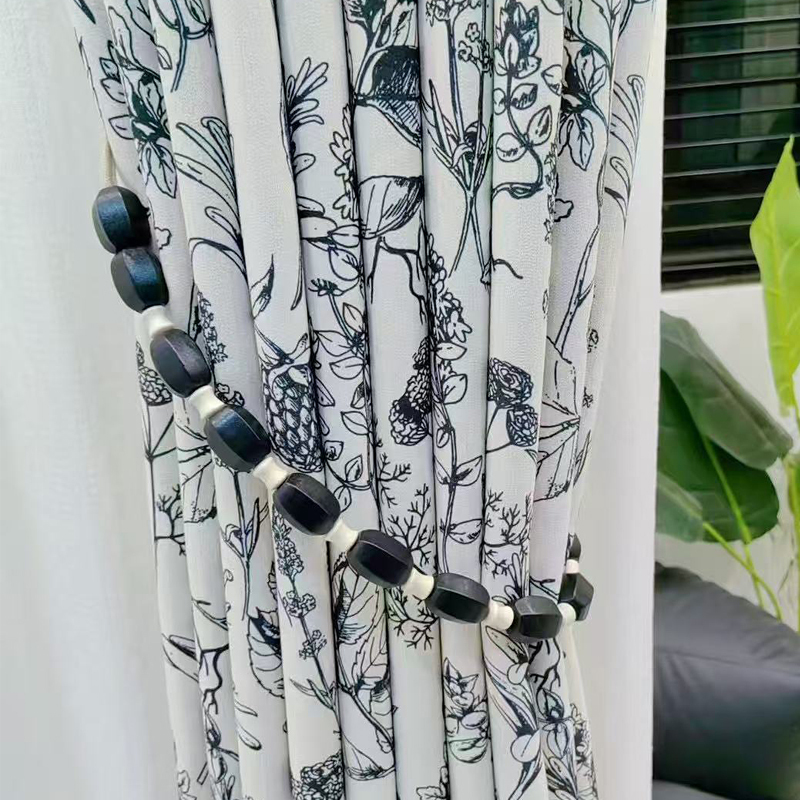 Cotton Beauty Curtain Straps Curtain Tying Rope Hanging Ball Beaded Tying Rope Hanging Ball Black Square Wooden Bead Gathering Belt