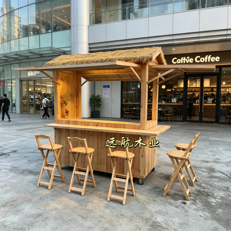 Antique-Style Food Stall Display Cabinet, Folding Stall, Anti-Corrosion Wooden House, Yakitori and Wonton Outdoor Dining Cart