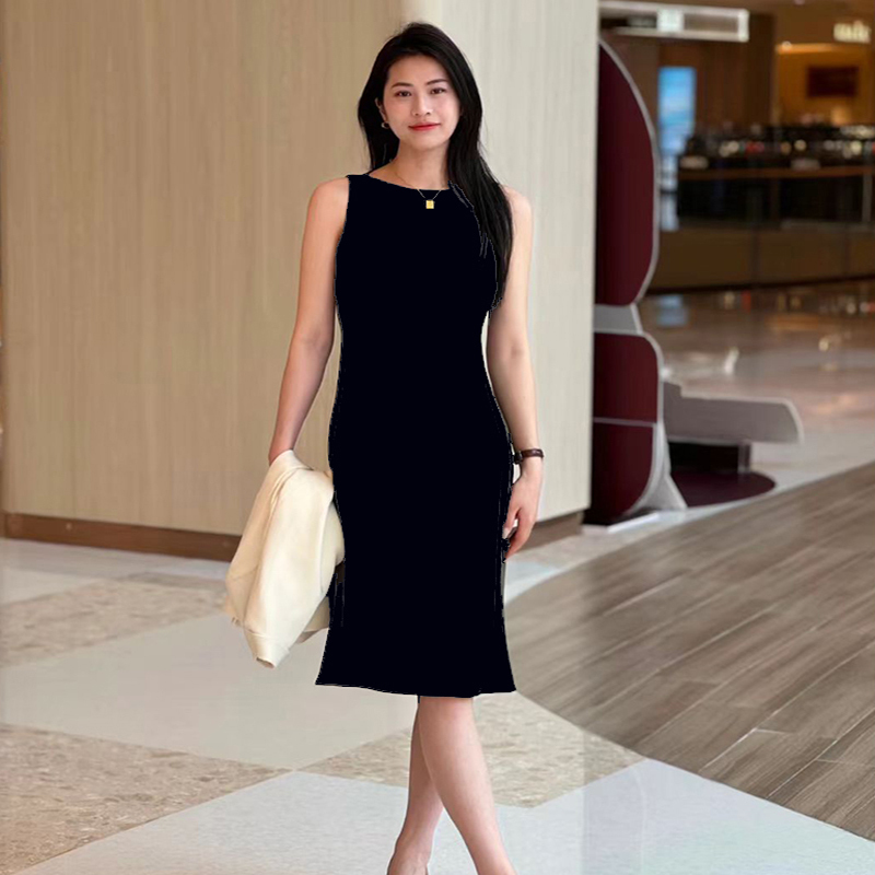 Th Women's Summer Sleeveless Triacetate Fiber Blend Boat Neck Slim Fit Rachel Dress Mermaid Dress Business Wear