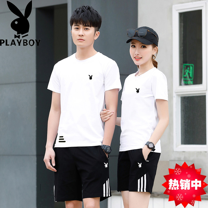 Playboy summer thin sports suit men and women couple models cotton breathable round neck short-sleeved shorts two-piece set