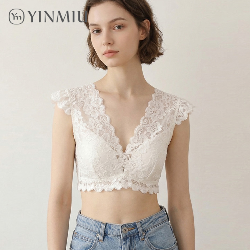 Lace Backless Bra with Integrated Lace Cuffs, Side Breast Support, White Deep V-Neck, Sexy French-Style Innerwear, Thin Style Lace Backless Bra with Integrated Lace Cuffs, Side Breast Support, White Deep V-Neck, Sexy French-Style Innerwear, Thin Style