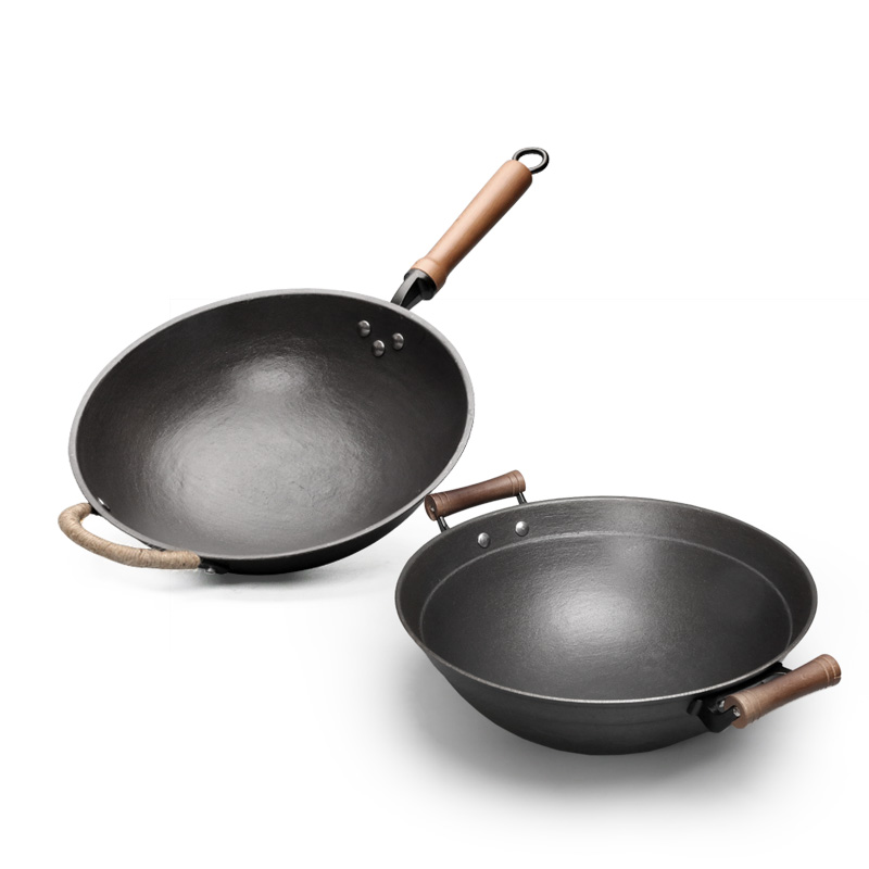 Shandong Tenzhou Iron Pan Flavor Earthly OLD HANDMADE IRON PAN SUIT FRYING PAN HOUSEHOLD GAS ROUND BOTTOM DOUBLE EAR PAN