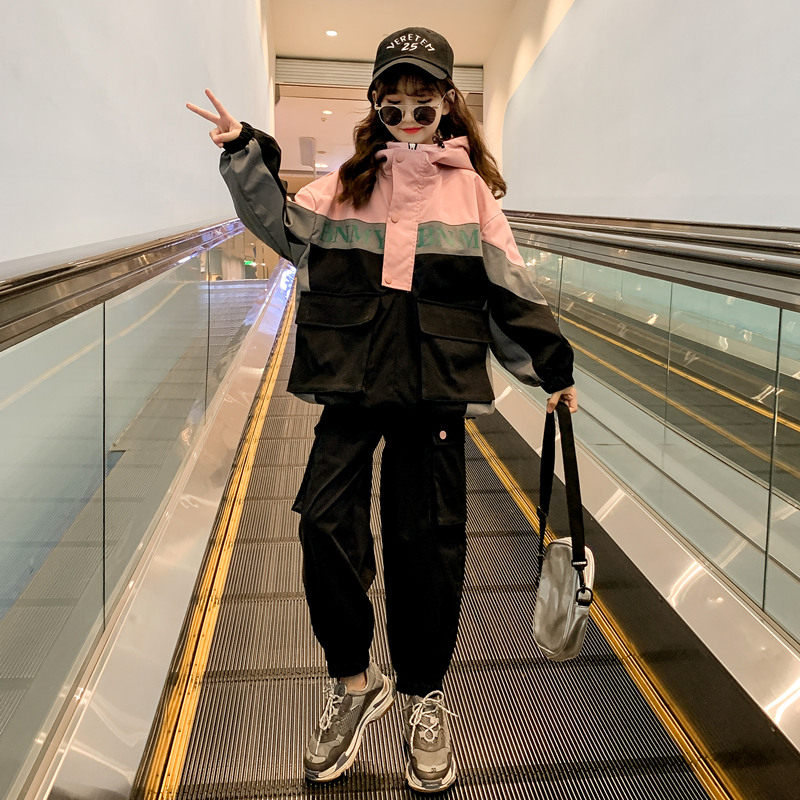 Girls Spring and Autumn Workwear Suit Fried Street Foreign Gas 2021 New Zipper Jacket Jacket Slacks Sports Two-Piece Set