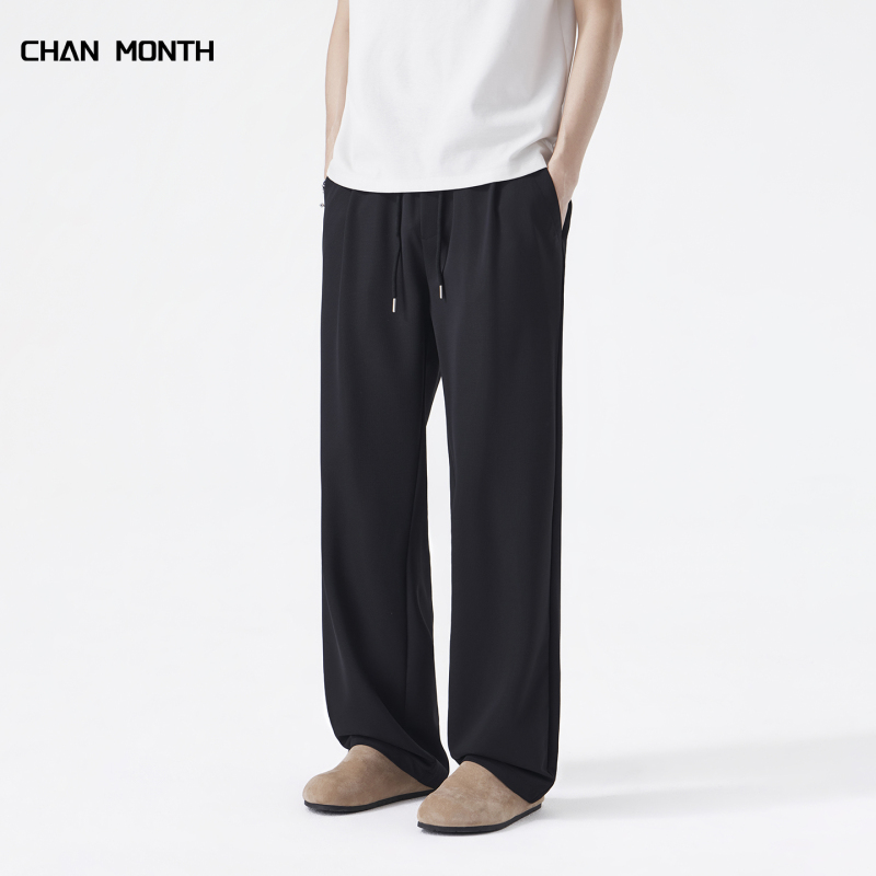 Chan Month Summer Black Ice Silk Drape Casual Pants for Men, Loose and Versatile Straight-Leg Sports Drawstring Long Pants