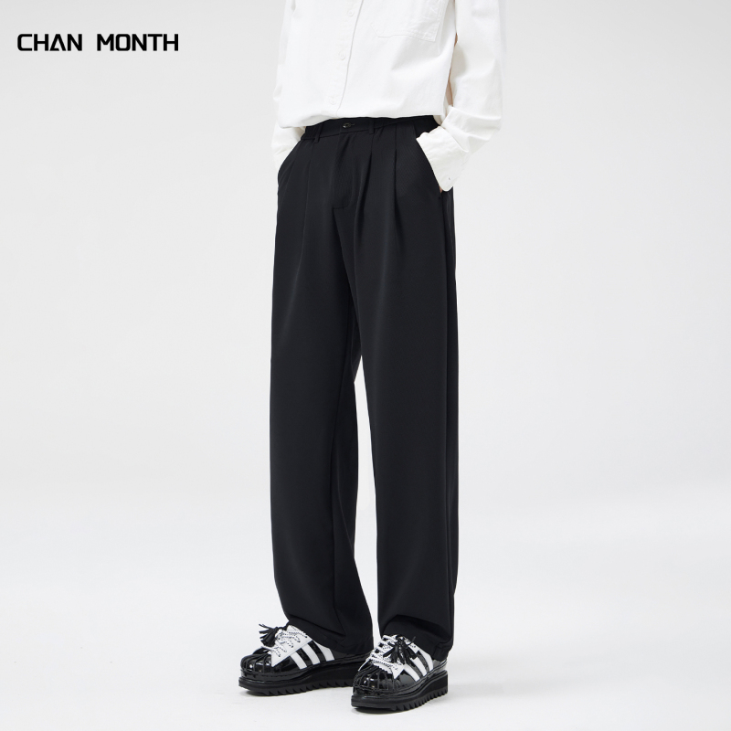 Chan Month Summer Casual Trousers, No-Iron, High-End Men's Loose Drape Straight-Leg Commuter Black Versatile Long Pants Chan Month Summer Casual Trousers, No-Iron, High-End Men's Loose Drape Straight-Leg Commuter Black Versatile Long Pants