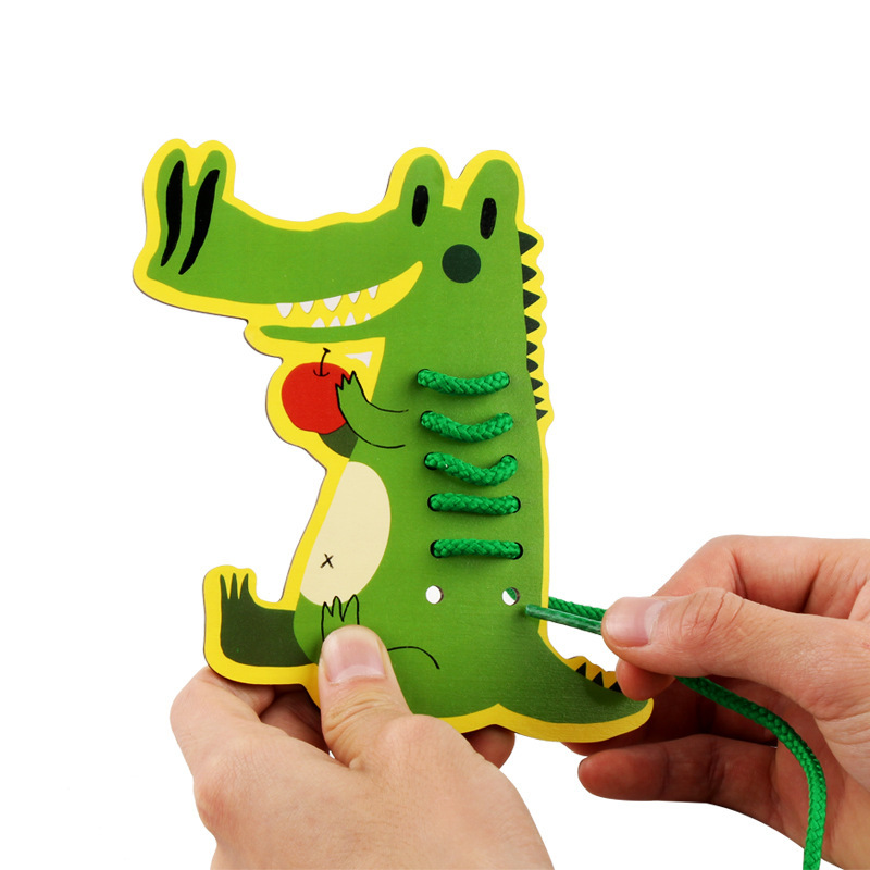 Mon Teaching Aids Baby Early Lessons Wise Toys Children Animal Fruit Threading Board Nursery School Wearing Rope Dongle Board