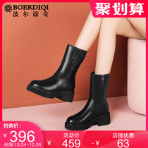 Black snow boots female 2021 autumn and winter new leather plus velvet thick bottom heightened retro English style boots