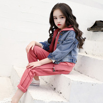 Girls clothing Spring Festival 2022 New Yangqi Childrens children Spring and autumn sports little girls online red denim suit