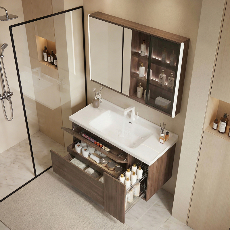 Japanese-Style Ceramic Integrated Basin Washbasin Cabinet Bathroom Cabinet Set Vintage Walnut Color Storage Basket