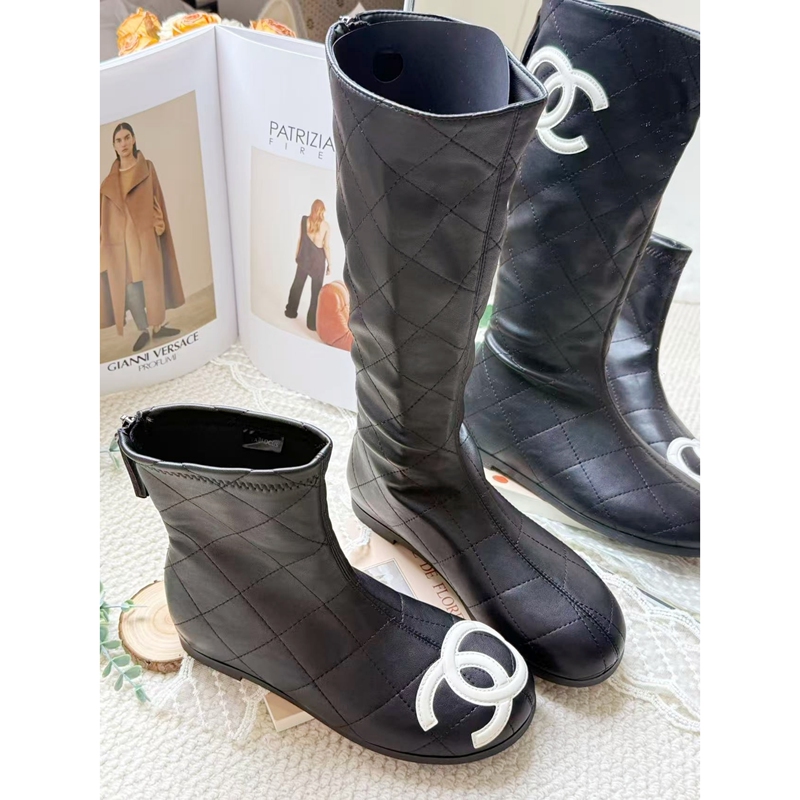 2026 New Style Chanel-Inspired Quilted High Boots for Women, Black Round-Toe Flat Slimming Riding Boots Fashion Boots 2026 New Style Chanel-Inspired Quilted High Boots for Women, Black Round-Toe Flat Slimming Riding Boots Fashion Boots