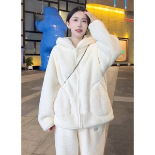 Coral Velvet Hooded Zipper Pajamas Two-Piece Set for Women 2025 Winter New Thickeneded Warm Soft and Sweet Home Clothes