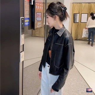 Retro Style Lapel Pu Leather Jacket for Women 2025 Spring & Fall New Style High-End Fashion Versatile Jacket Short Top