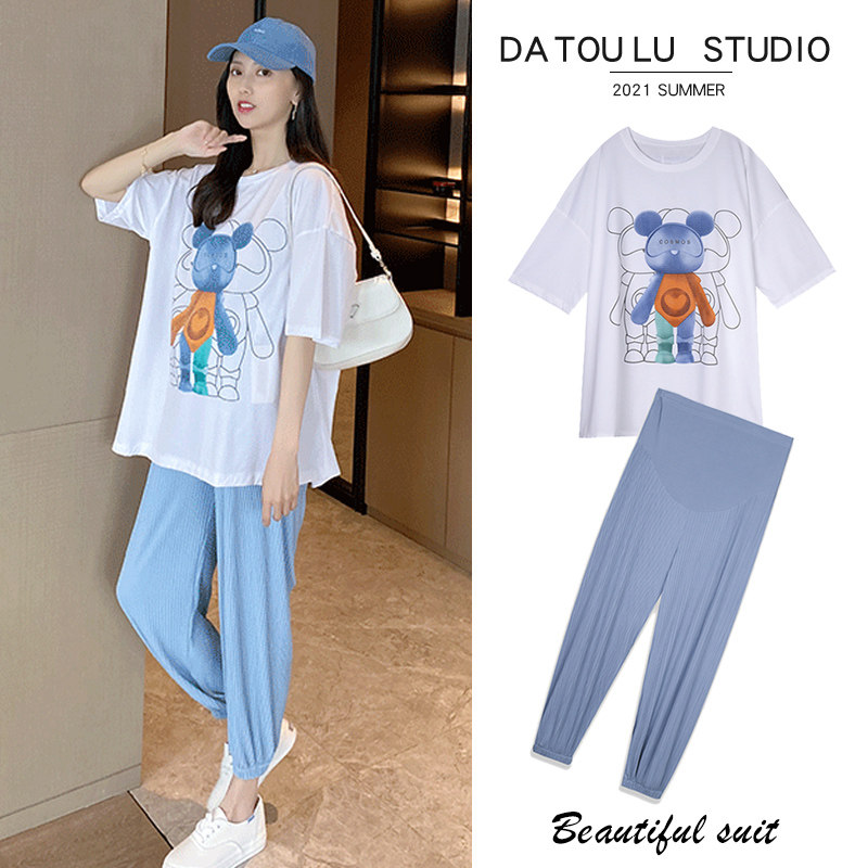Pregnant woman summer clothing suit new short sleeves loose pure cotton blouse Summer out-of-the-net red and thin women's summer two sets
