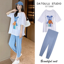 Pregnant woman summer clothing suit new short sleeves loose pure cotton blouse Summer out-of-the-net red and thin womens summer two sets