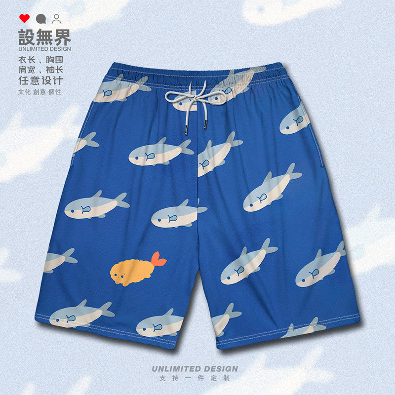 Small Fish, Fried Shrimp, Tempura, Japanese-Style Cartoon Illustration, Floral Pattern, Plus-Size Shorts, Men's and Women's Clothing, Trendy Design, Unbounded