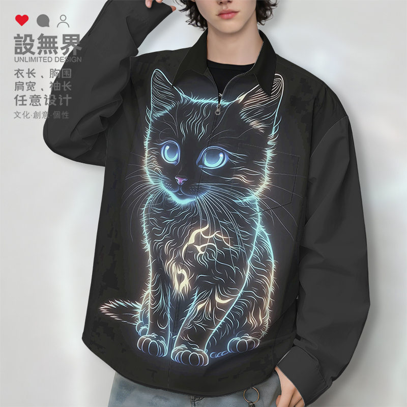 Trendy Cool Cyberpunk Neon Fantasy Cat Large Size Long-Sleeve Shirt for Men and Women Creative Design Unbounded