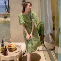 Pregnant women Summer bubble sleeve dress summer 2021 New thin chiffon long green floral skirt