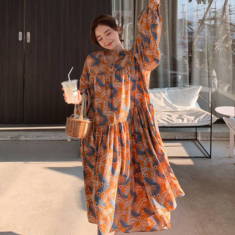 Pregnancy Woman Bottling Long Sleeve Printed Ocean Clothing Online Red 2022 Spring Autumn Spicy Mother Fashion Long Version Over Knee Loose Skirt