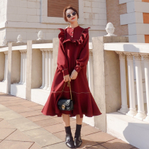 Pregnant womens New Year red long sleeve dress spring and autumn Korean fashion model long knee thin fishtail skirt