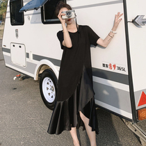 Senior maternity dress summer fishtail dress small black dress summer long out fashion T-shirt dress long skirt