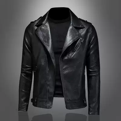 Soft leather personality lapel motorcycle leather jacket men's 2021 spring and autumn slim Korean version of Harley riding rock leather jacket jacket
