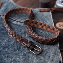 Retro washed old hand-woven belt copper buckle tanned cowhide leather literary belt feels soft