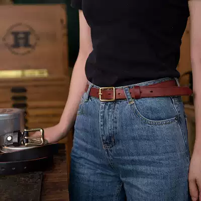 Retro washed vegetable tanning leather women's belt leather copper buckle thin belt Joker pin buckle