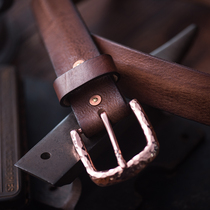 Mountain rock hand-made pure hand hammered copper buckle natural cowhide texture mens light luxury retro belt 3 8 wide