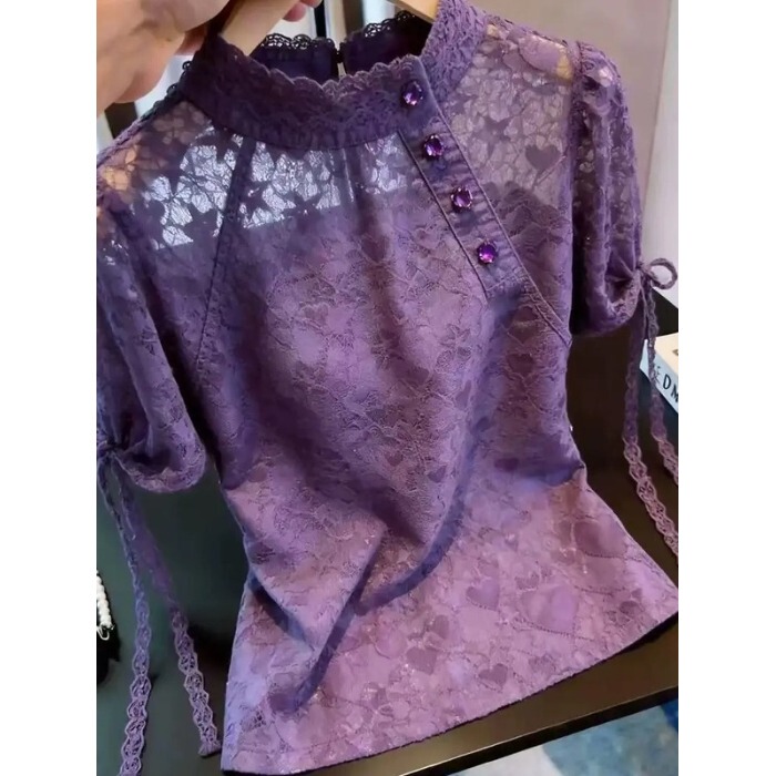 Purple Elegant Lace-Up Short-Sleeved Shirt Top 2026 Summer New Style Casual Versatile Unique Beautiful Blouse