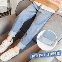 Girls jeans 2021 spring dress childrens foreign gas pipe pants in big children loose net red straight tube light color pants tide