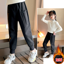 Girls plus velvet pants 2021 new childrens thick casual pants in autumn and winter foreign style warm trousers wear